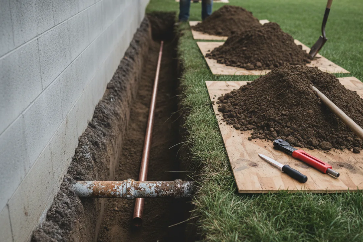Excavated water line trench during Water Heater Repair in Hightstown